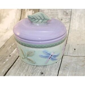 "Favorite Things" Ceramic Trinket Canister Purple with Leaves Dragonfly